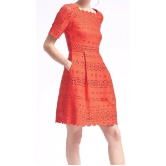 Banana Republic Laser Cut Fit and Flare Dress, Orange, Short Sleeve, Size 2P - Picture 1 of 12